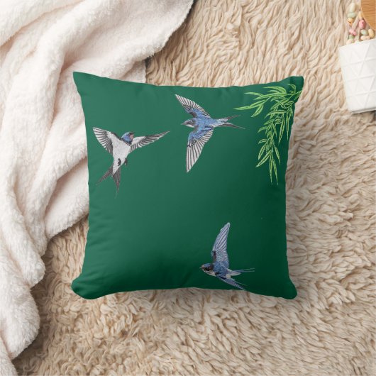 Dark green imitation embroidered bird throw pillow クッション (ブランケット)