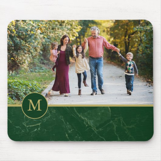Dark Green Marble Tan Monogram Family Photo マウスパッド (正面)