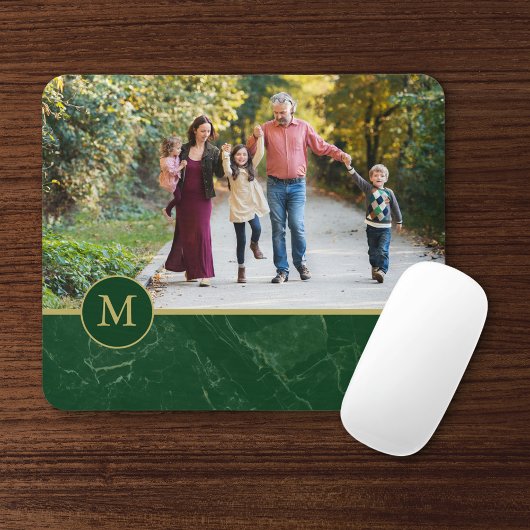 Dark Green Marble Tan Monogram Family Photo マウスパッド