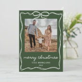Dark Green Minimalist Bow Christmas 4 Photo Family シーズンカード (スタンド正面)