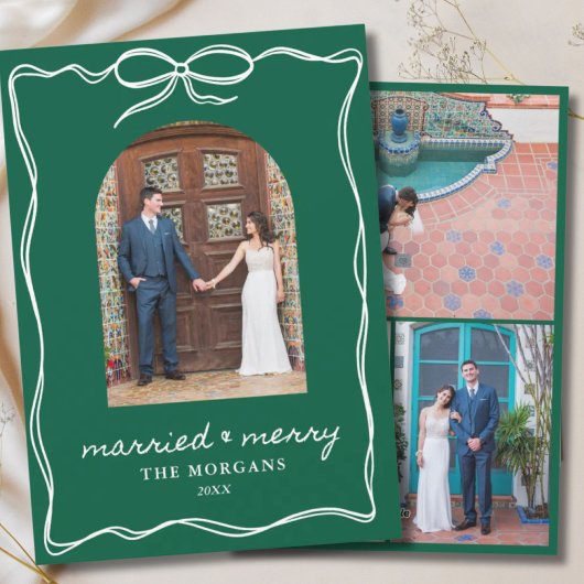 Dark Green Modern Minimalist Married & Merry Photo シーズンカード