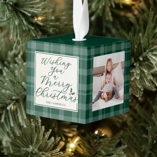 Dark Green Plaid Christmas Three Photo キューブオーナメント (ツリー)