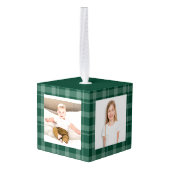 Dark Green Plaid Christmas Three Photo キューブオーナメント (裏面アングル)