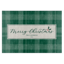 Dark Green Plaid Merry Christmas Script カッティングボード