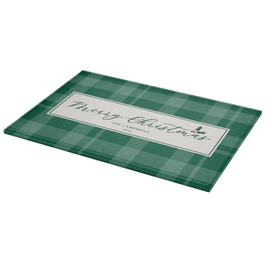 Dark Green Plaid Merry Christmas Script カッティングボード (角)