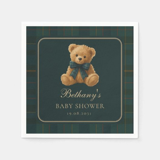 Dark Green Polo Tartan Teddy Bear Baby Shower スタンダードカクテルナプキン (正面)