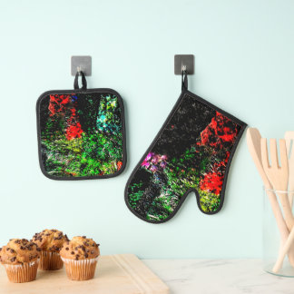 Dark green pot holder and oven mitt,Textured art  鍋つかみ&鍋敷きセット