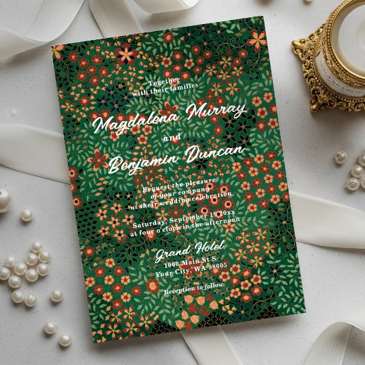 Dark Green Red Art Tapestry Textile Floral Wedding 箔招待状