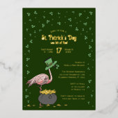 Dark Green Shamrock Flamingo St Patrick's Day 箔招待状 (正面)