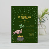 Dark Green Shamrock Flamingo St Patrick's Day 箔招待状 (立ち正面)