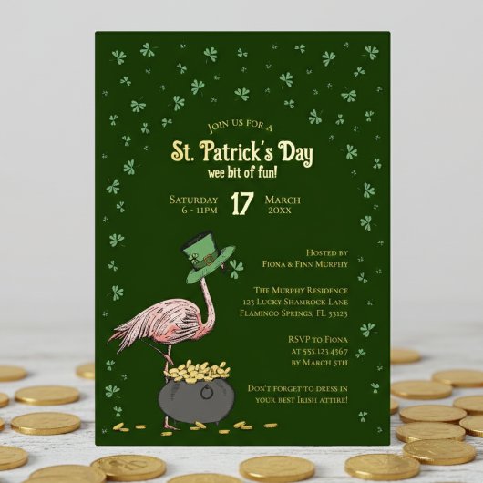 Dark Green Shamrock Flamingo St Patrick's Day 箔招待状