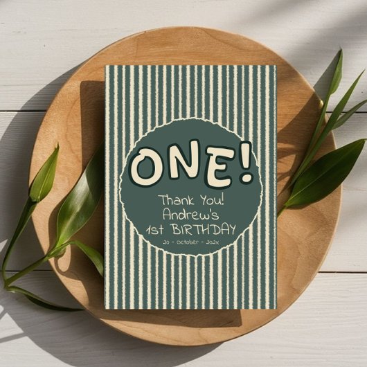 Dark Green Stripes 1st Birthday サンキューカード
