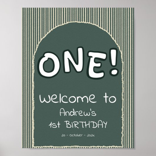 Dark Green Stripes 1st Birthday Welcome Sign ポスター (正面)