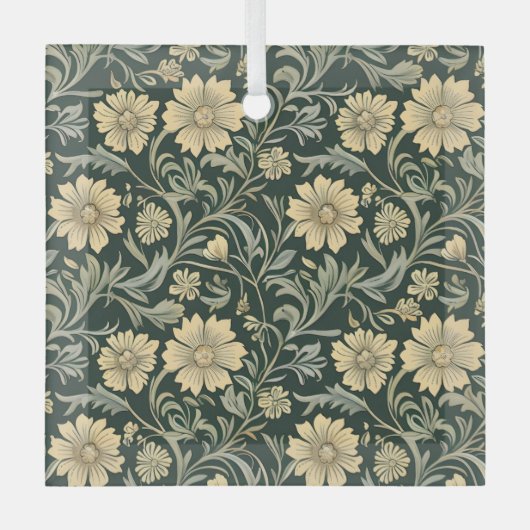 Dark green stylized yellow flowers  pattern  ガラスオーナメント (正面)
