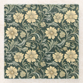 Dark green stylized yellow flowers  pattern  ガラスコースター
