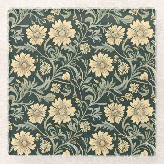 Dark green stylized yellow flowers  pattern  ガラスコースター (正面)