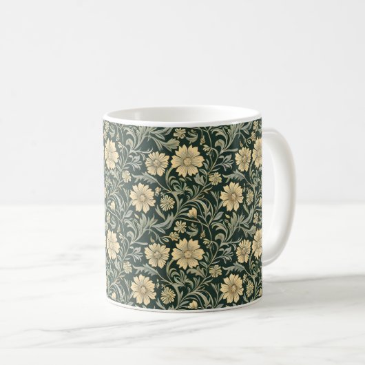 Dark green stylized yellow flowers  pattern  コーヒーマグカップ (正面右)