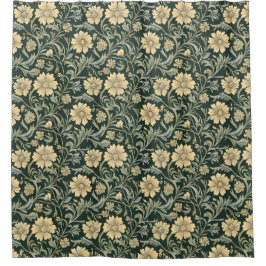 Dark green stylized yellow flowers  pattern  シャワーカーテン