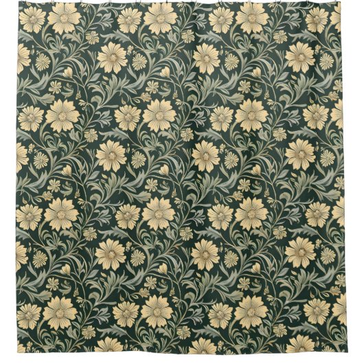 Dark green stylized yellow flowers  pattern  シャワーカーテン (正面)