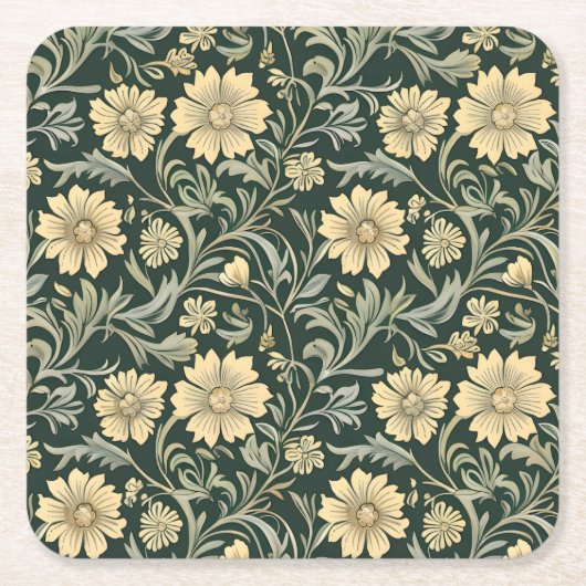 Dark green stylized yellow flowers  pattern  スクエアペーパーコースター (正面)