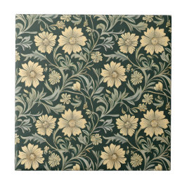 Dark green stylized yellow flowers  pattern  タイル