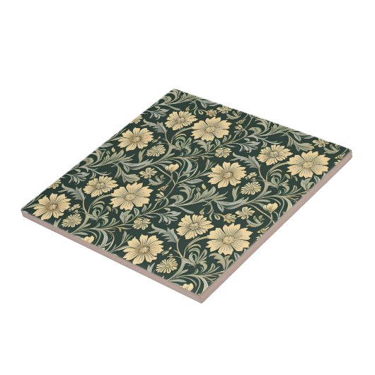 Dark green stylized yellow flowers  pattern  タイル (側面)