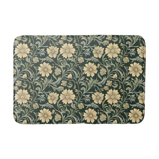 Dark green stylized yellow flowers  pattern  バスマット (正面)