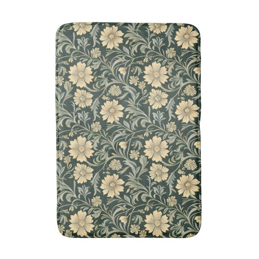 Dark green stylized yellow flowers  pattern  バスマット (正面縦)
