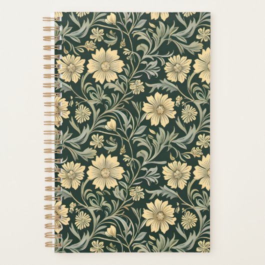 Dark green stylized yellow flowers  pattern  プランナー手帳 (正面)