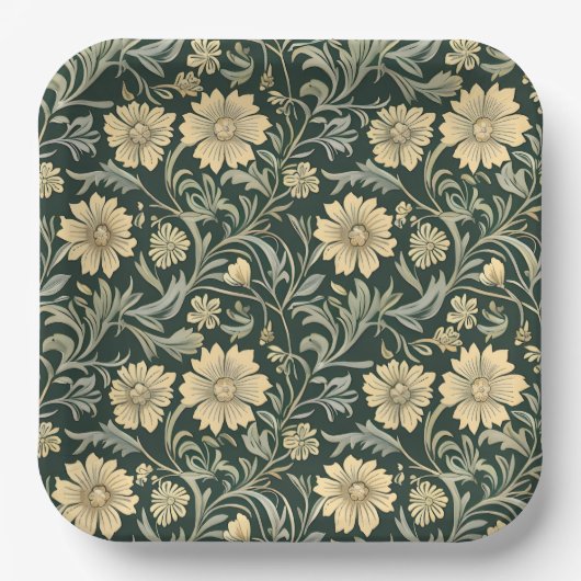 Dark green stylized yellow flowers  pattern  ペーパープレート (正面)
