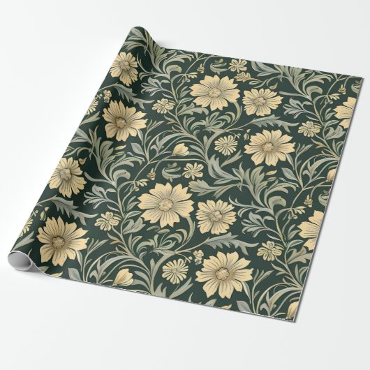 Dark green stylized yellow flowers  pattern  ラッピングペーパー (アンロールド)