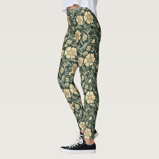 Dark green stylized yellow flowers  pattern  レギンス (左)