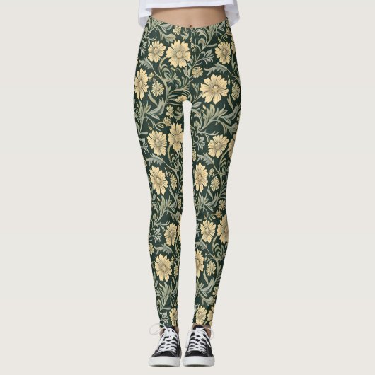 Dark green stylized yellow flowers  pattern  レギンス (正面)