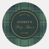 Dark Green Tartan Polo Plaid Baby Shower Thank You ラウンドシール (正面)