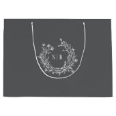 Dark Grey Botanical Monogram Wedding Welcome Guest ラージペーパーバッグ (正面)
