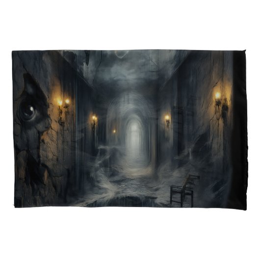 Dark Haunted fantasy Corridor with Moonlit Sky 枕カバー (正面)