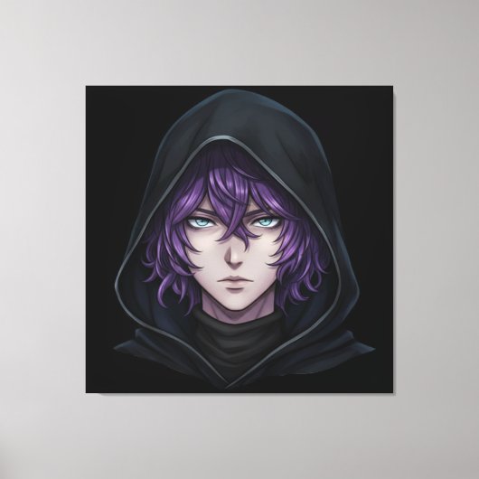 Dark Hoodie Anime Boy with Purple Hair キャンバスプリント (正面)