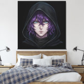 Dark Hoodie Anime Boy with Purple Hair キャンバスプリント (インサイチュ (寝室))