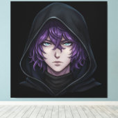 Dark Hoodie Anime Boy with Purple Hair キャンバスプリント (インサイチュ (ウッドフロア))