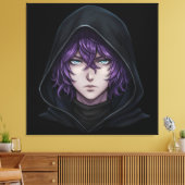 Dark Hoodie Anime Boy with Purple Hair キャンバスプリント (インサイチュ (リビング))