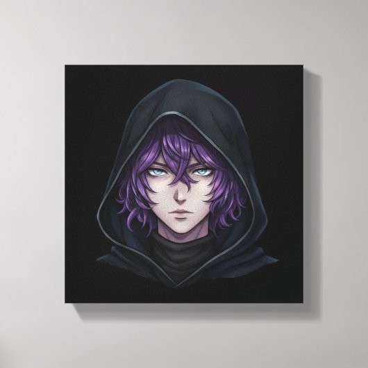 Dark Hoodie Anime Boy with Purple Hair キャンバスプリント (正面)