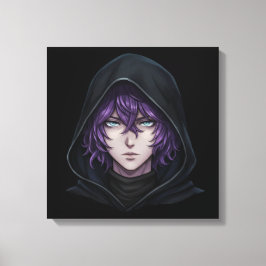 Dark Hoodie Anime Boy with Purple Hair キャンバスプリント