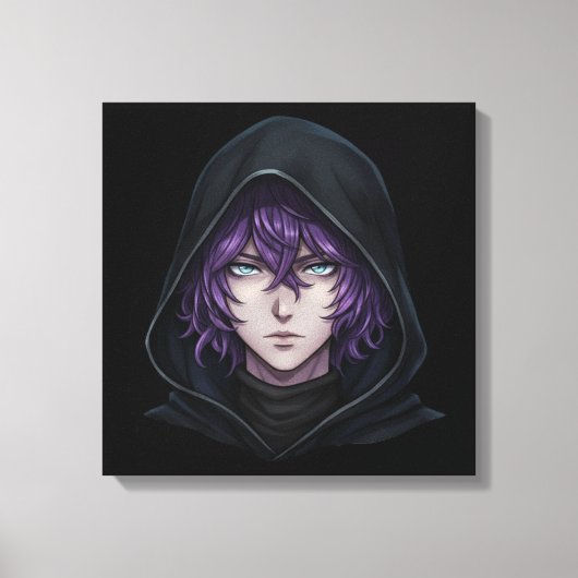 Dark Hoodie Anime Boy with Purple Hair キャンバスプリント (正面)
