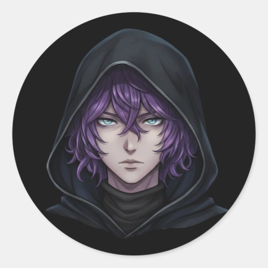 Dark Hoodie Anime Boy with Purple Hair ラウンドシール (正面)