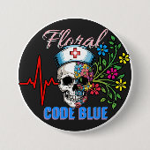 Dark Humor "Floral Code Blue" Med Skull Nurse  缶バッジ (正面)