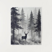 Dark Ink Deer Forest Tapestry | Moody Woodland Art タペストリー (正面)