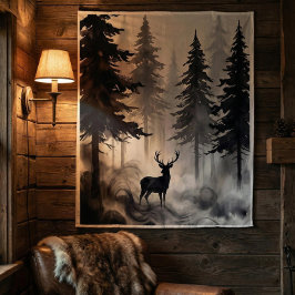 Dark Ink Deer Forest Tapestry | Moody Woodland Art タペストリー