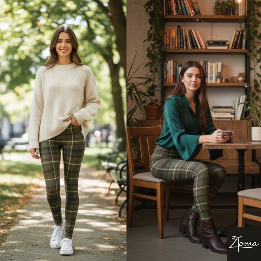 Dark Khaki Square Plaid Tartan Fabric レギンス