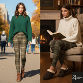 Dark Khaki Square Plaid Tartan Fabric レギンス