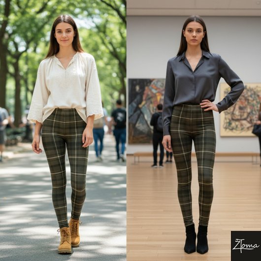 Dark Khaki Square Plaid Tartan Fabric レギンス